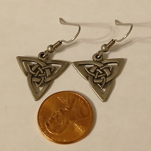 Trinity Celtic Knotwork Triangle Silver Tone Drop Earrings - Picture 2 of 7